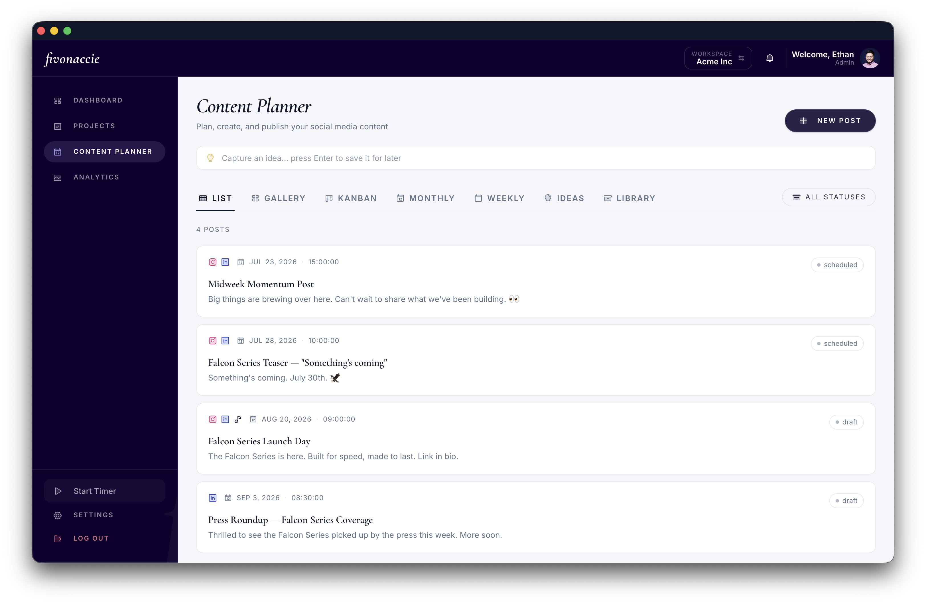 Creator Studio content planner list view with 4 scheduled and draft posts