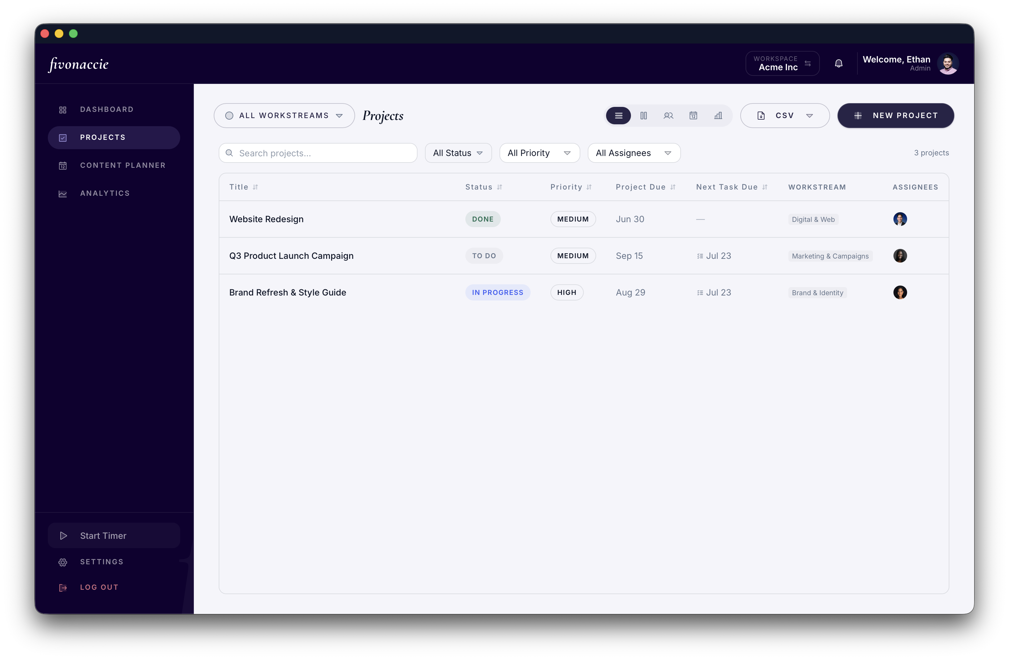 Creator Studio projects table with status, priority, due dates, workstream, and assignees